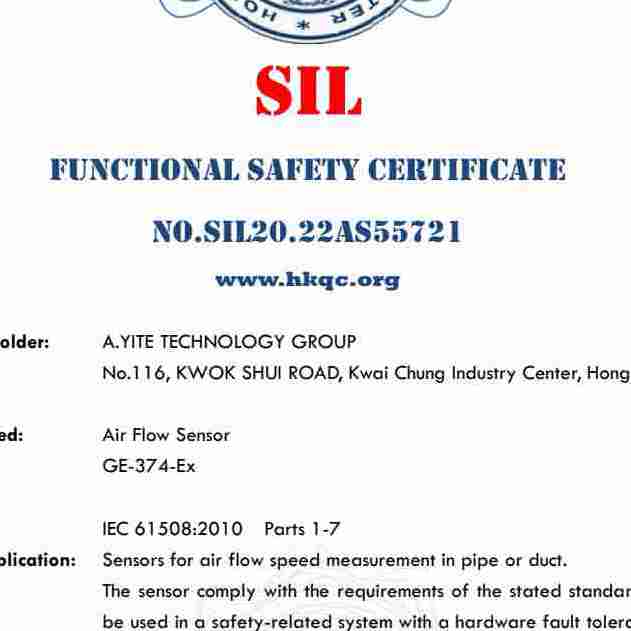 SIL2 SIL3 certificate for Air Flow Sensor, Differential Pressure Sensor