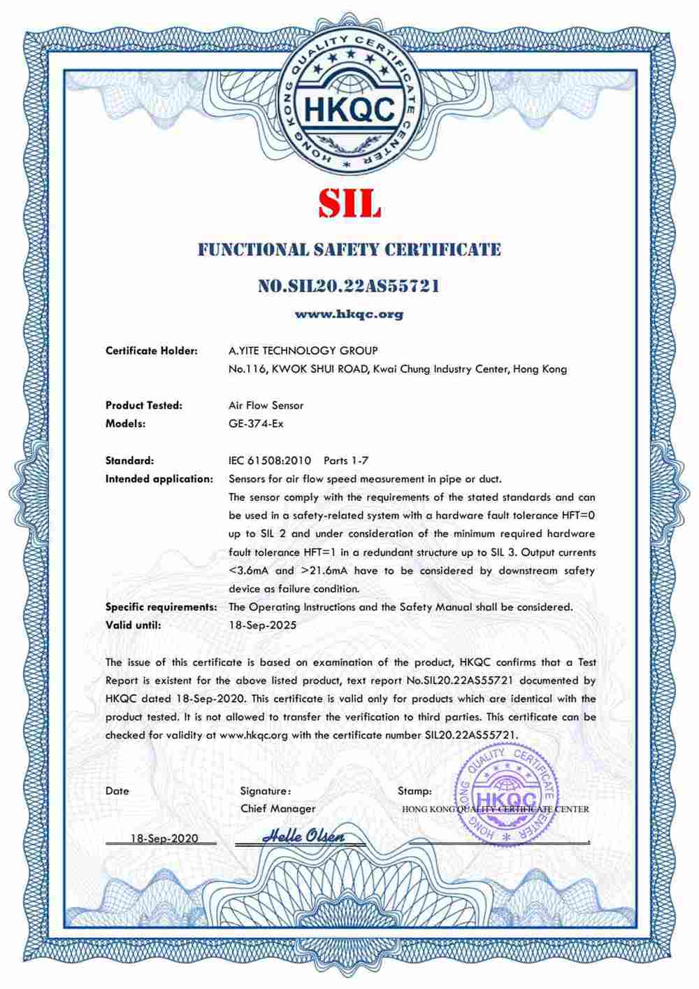 SIL2 SIL3 certificate for Air Flow Sensor, Differential Pressure Sensor